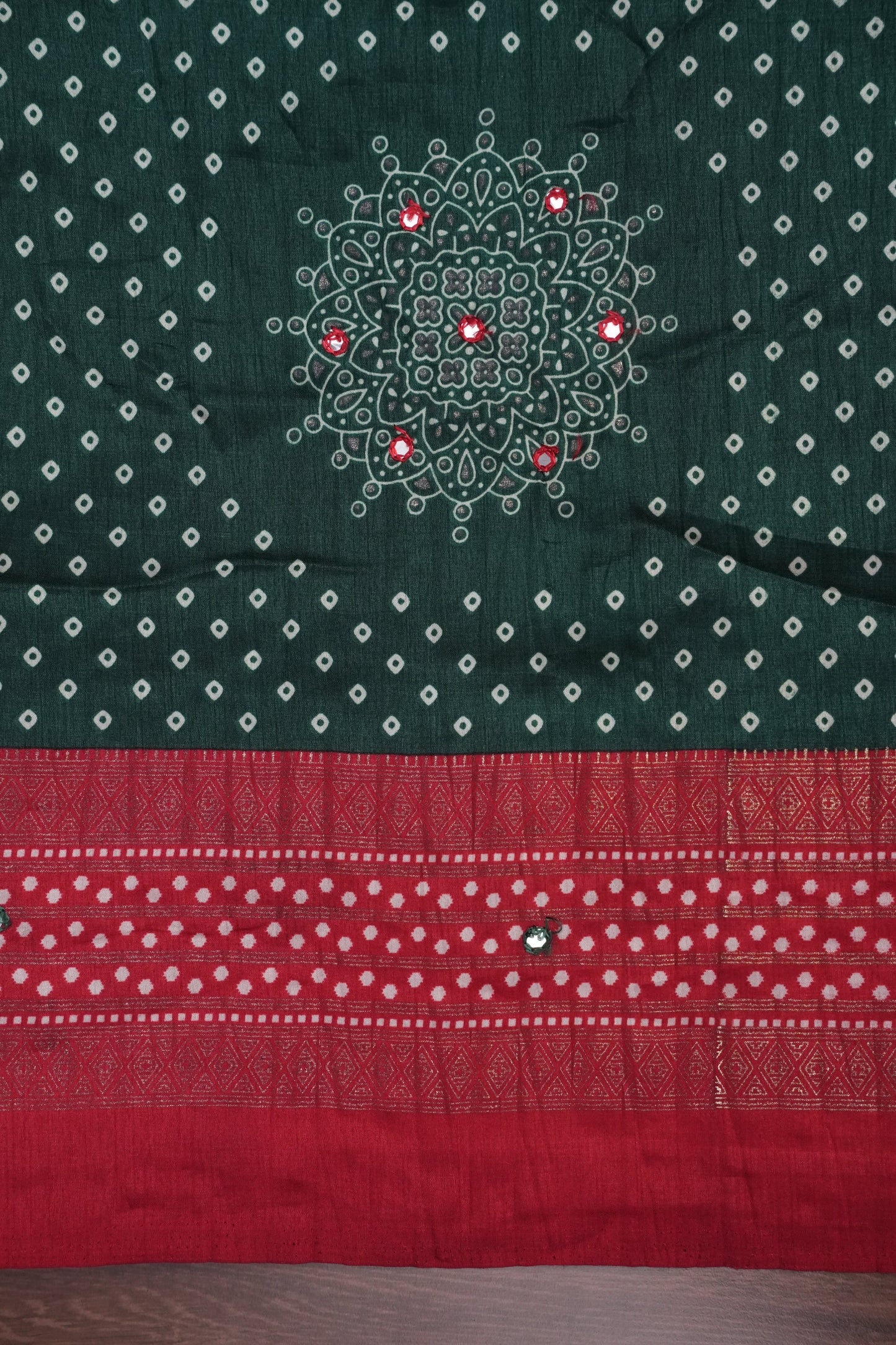 Bandhini Digital Print Semi Silk Saree-Bottle Green and Red