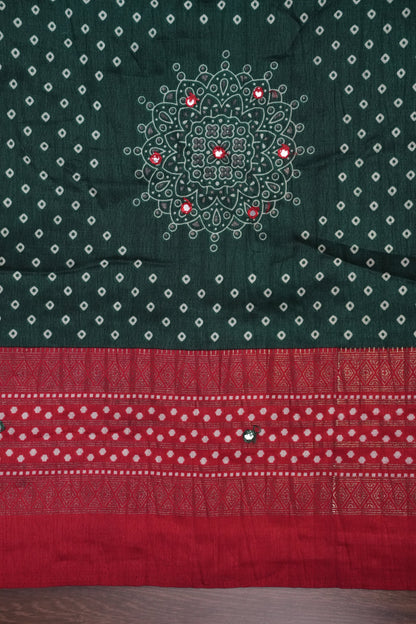 Bandhini Digital Print Semi Silk Saree-Bottle Green and Red