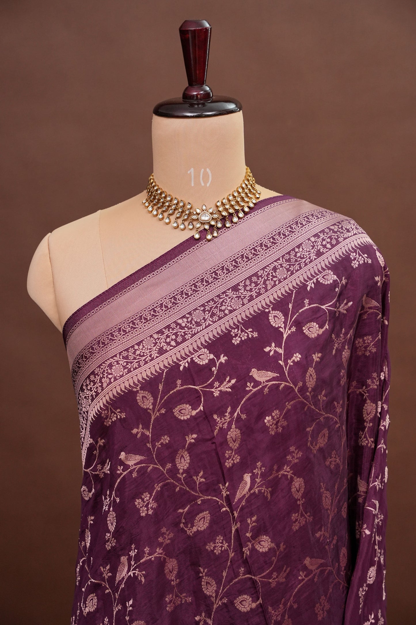 Banarasi Silk Saree – Rich Plum Purple with Intricate Gold Zari Floral Weave