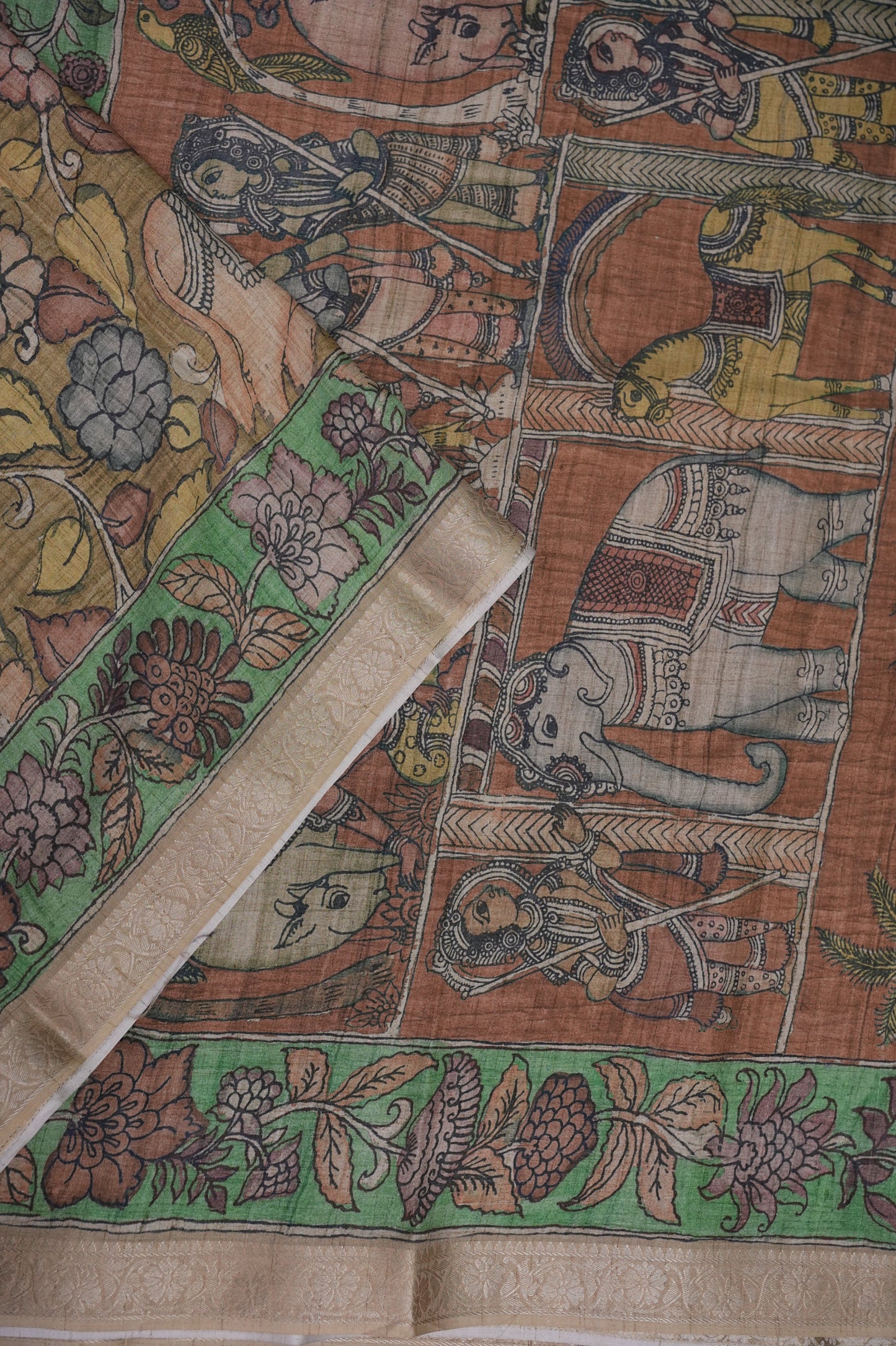 Linen Tussar Saree with Kalamkari Digital Print – Rust Brown Heritage Theme