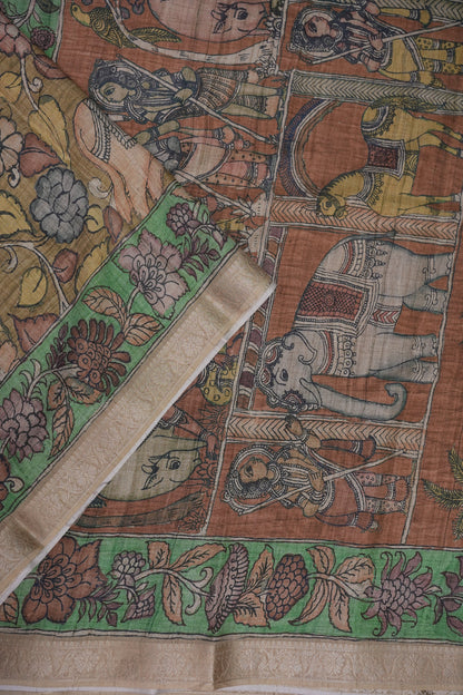 Linen Tussar Saree with Kalamkari Digital Print – Rust Brown Heritage Theme