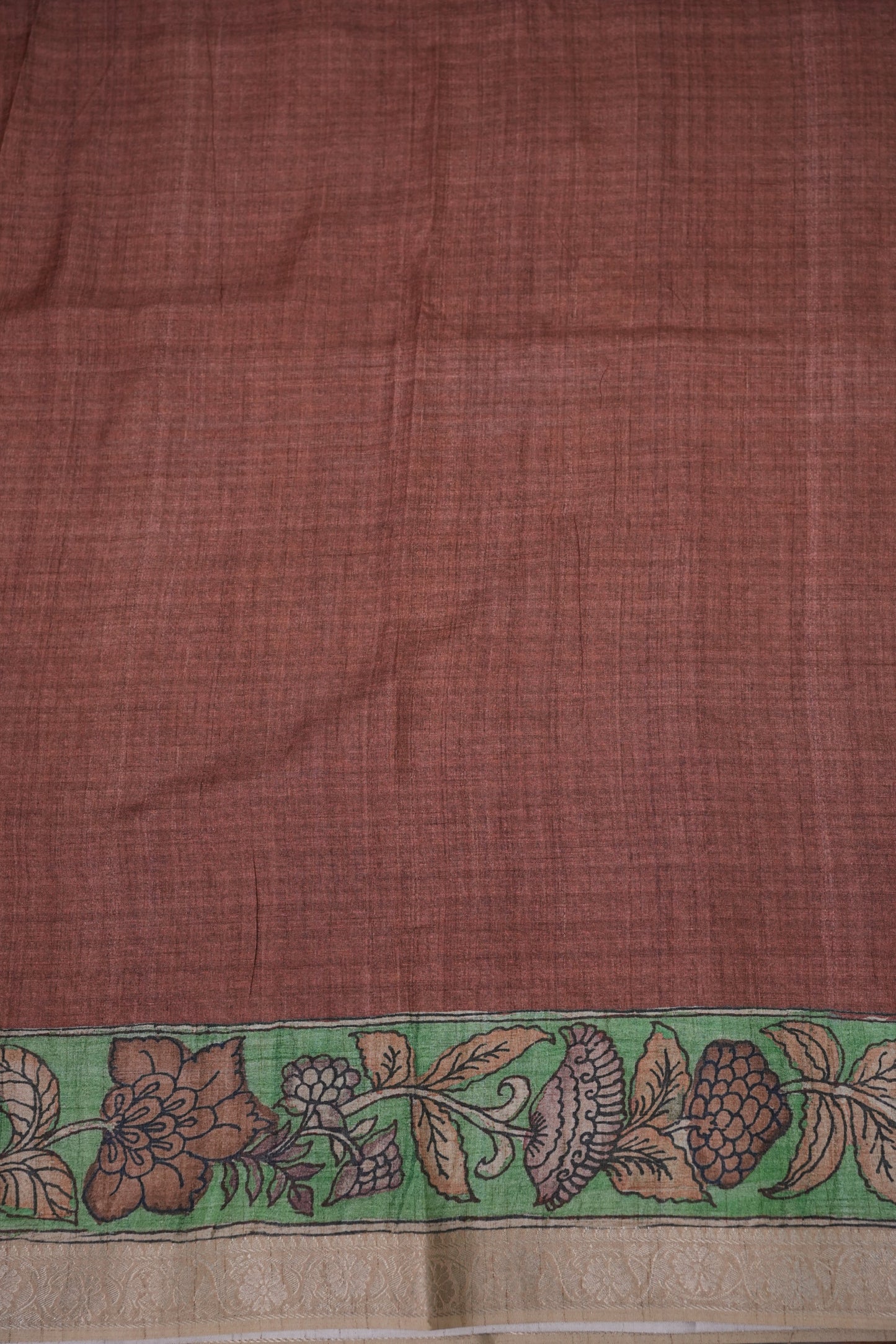 Linen Tussar Saree with Kalamkari Digital Print – Rust Brown Heritage Theme
