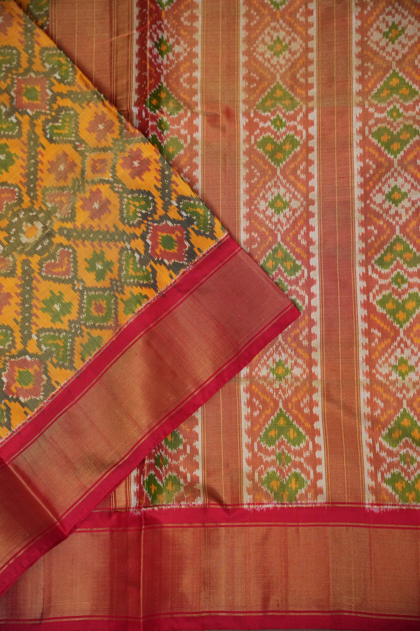 Mustard Yellow Pochampally Ikkat Silk Saree with Red Tissue Border|Silk Mark Certified