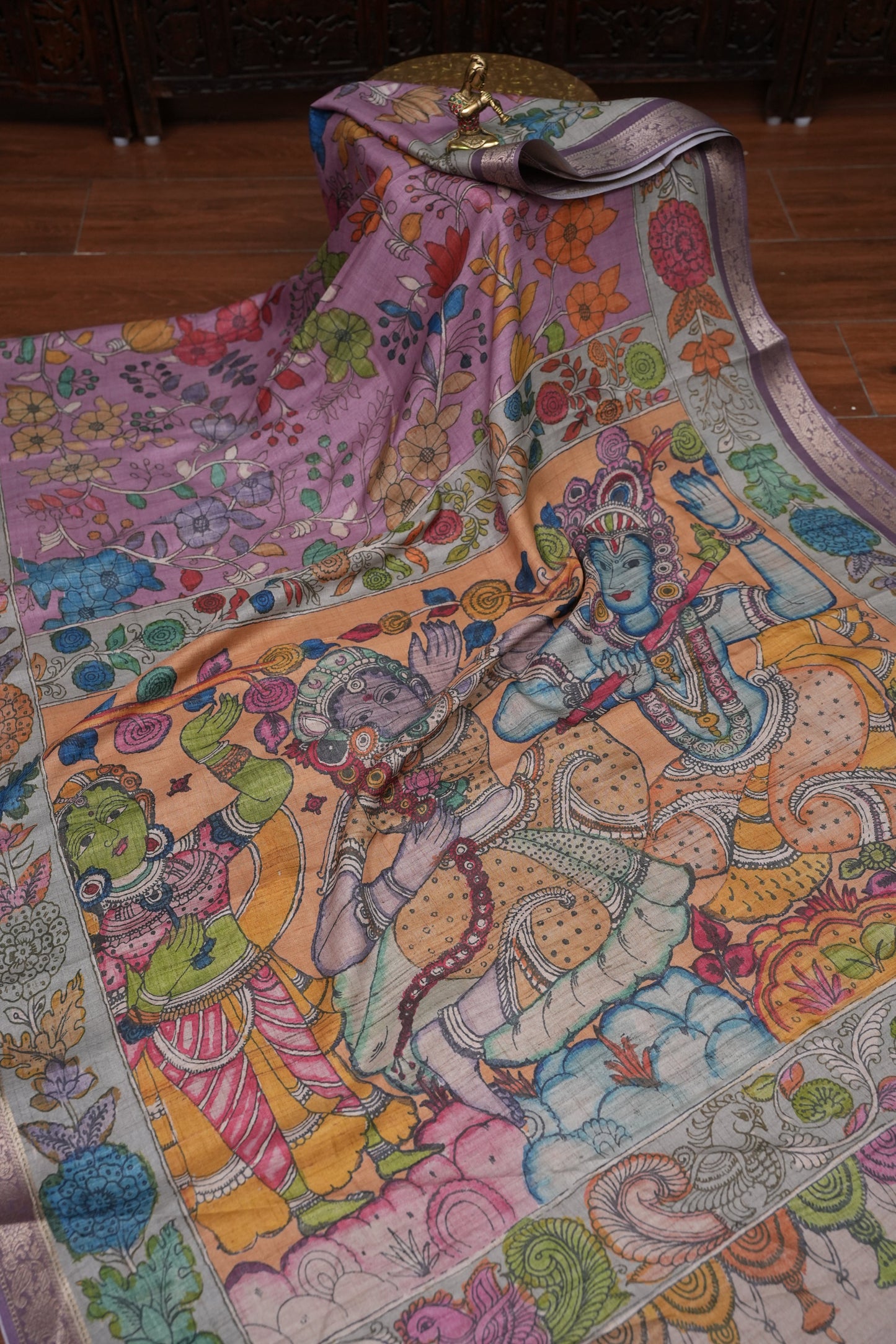 Linen Tussar Saree with Kalamkari Digital Print – Lilac Krishna Theme