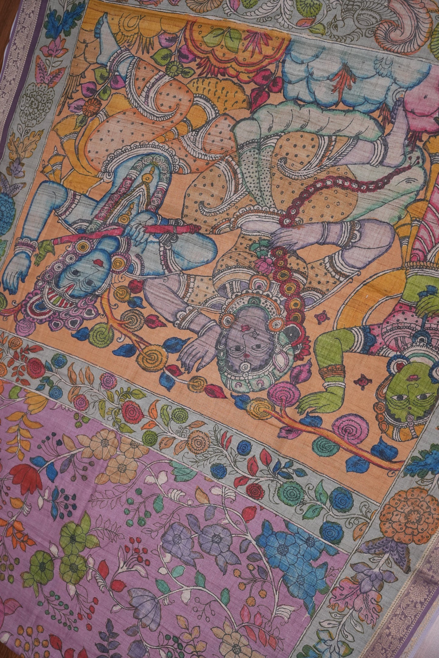 Linen Tussar Saree with Kalamkari Digital Print – Lilac Krishna Theme