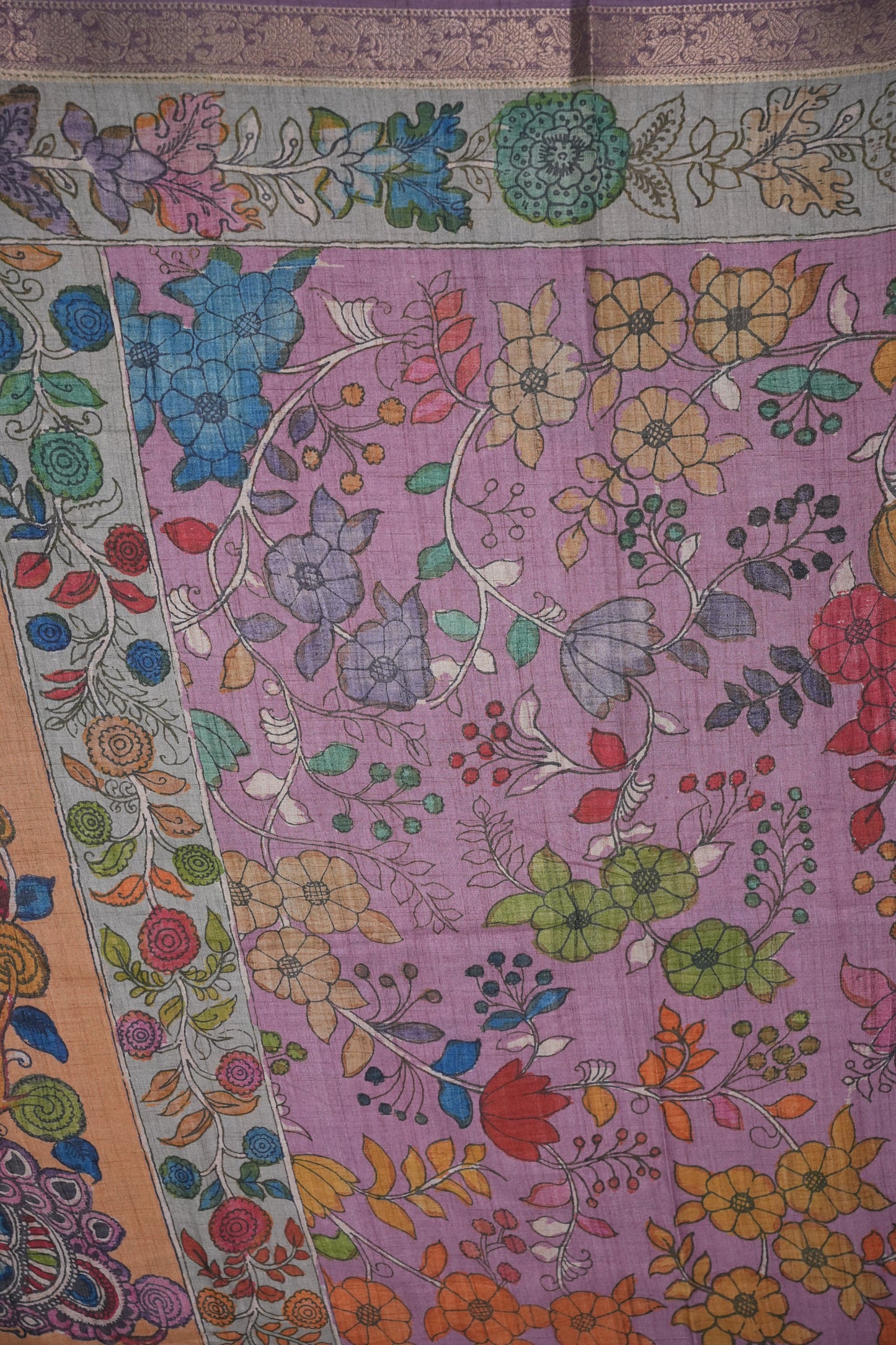 Linen Tussar Saree with Kalamkari Digital Print – Lilac Krishna Theme