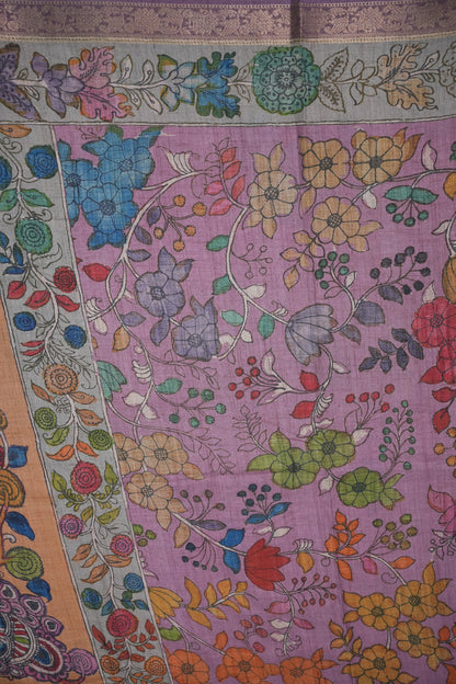 Linen Tussar Saree with Kalamkari Digital Print – Lilac Krishna Theme