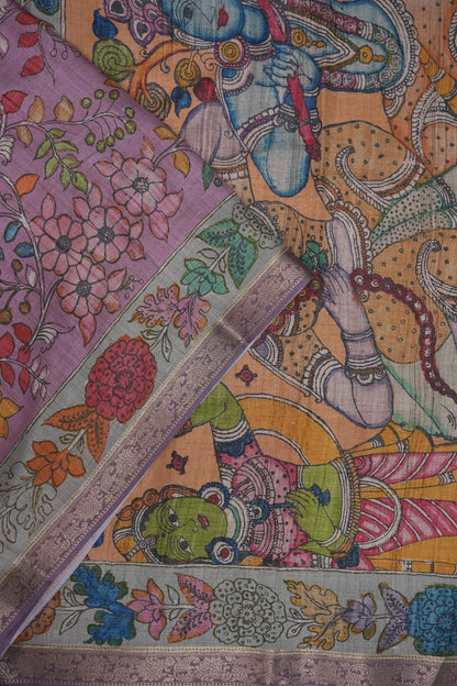 Linen Tussar Saree with Kalamkari Digital Print – Lilac Krishna Theme