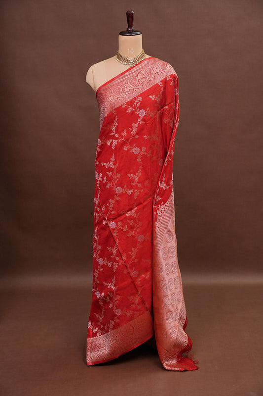 Banarasi Silk Saree – Classic Red with Intricate Gold Zari Floral Weave