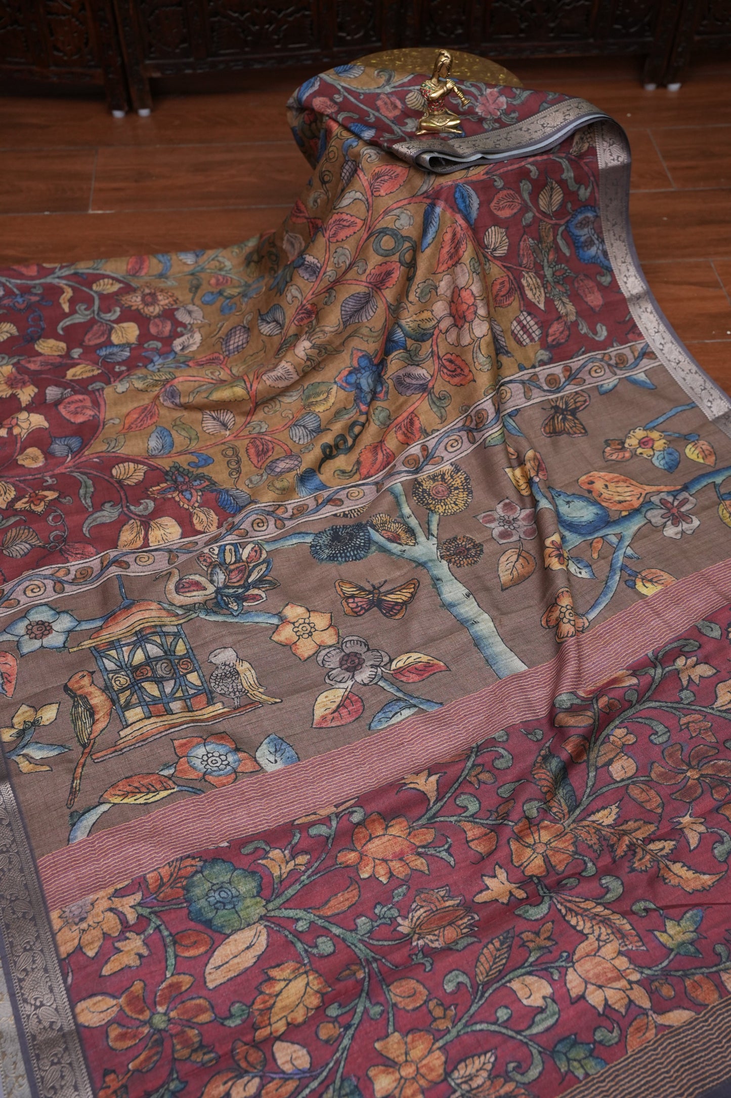 Linen Tussar Saree with Kalamkari Digital Print – Wine Floral Theme