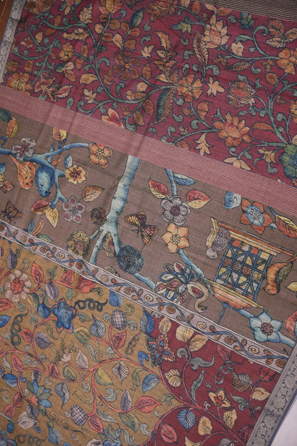 Linen Tussar Saree with Kalamkari Digital Print – Wine Floral Theme