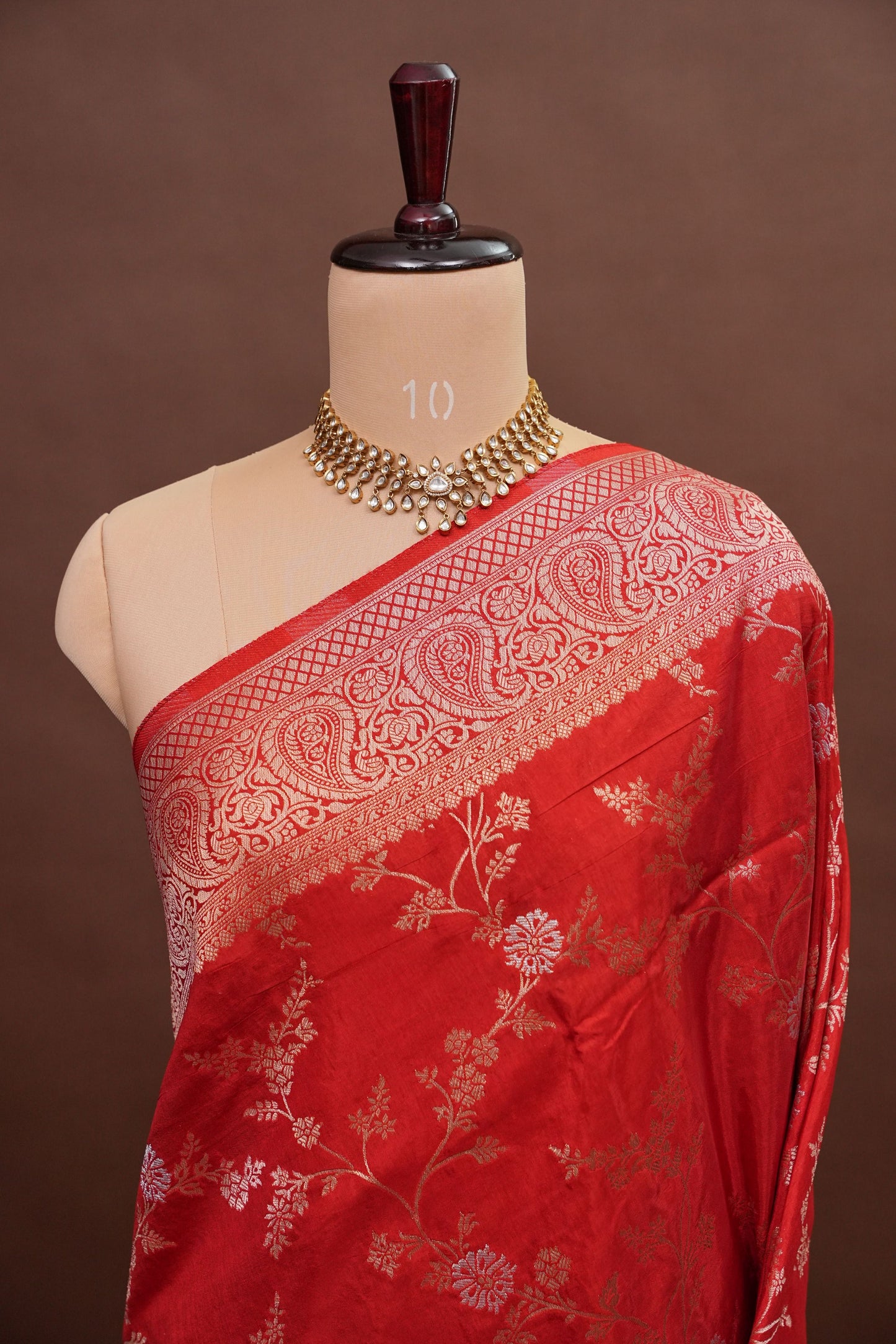 Banarasi Silk Saree – Classic Red with Intricate Gold Zari Floral Weave
