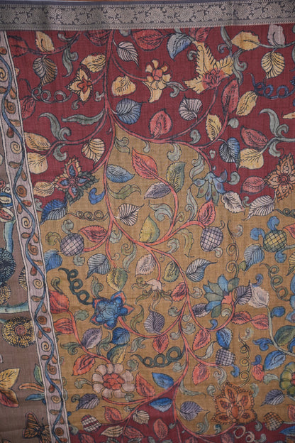 Linen Tussar Saree with Kalamkari Digital Print – Wine Floral Theme