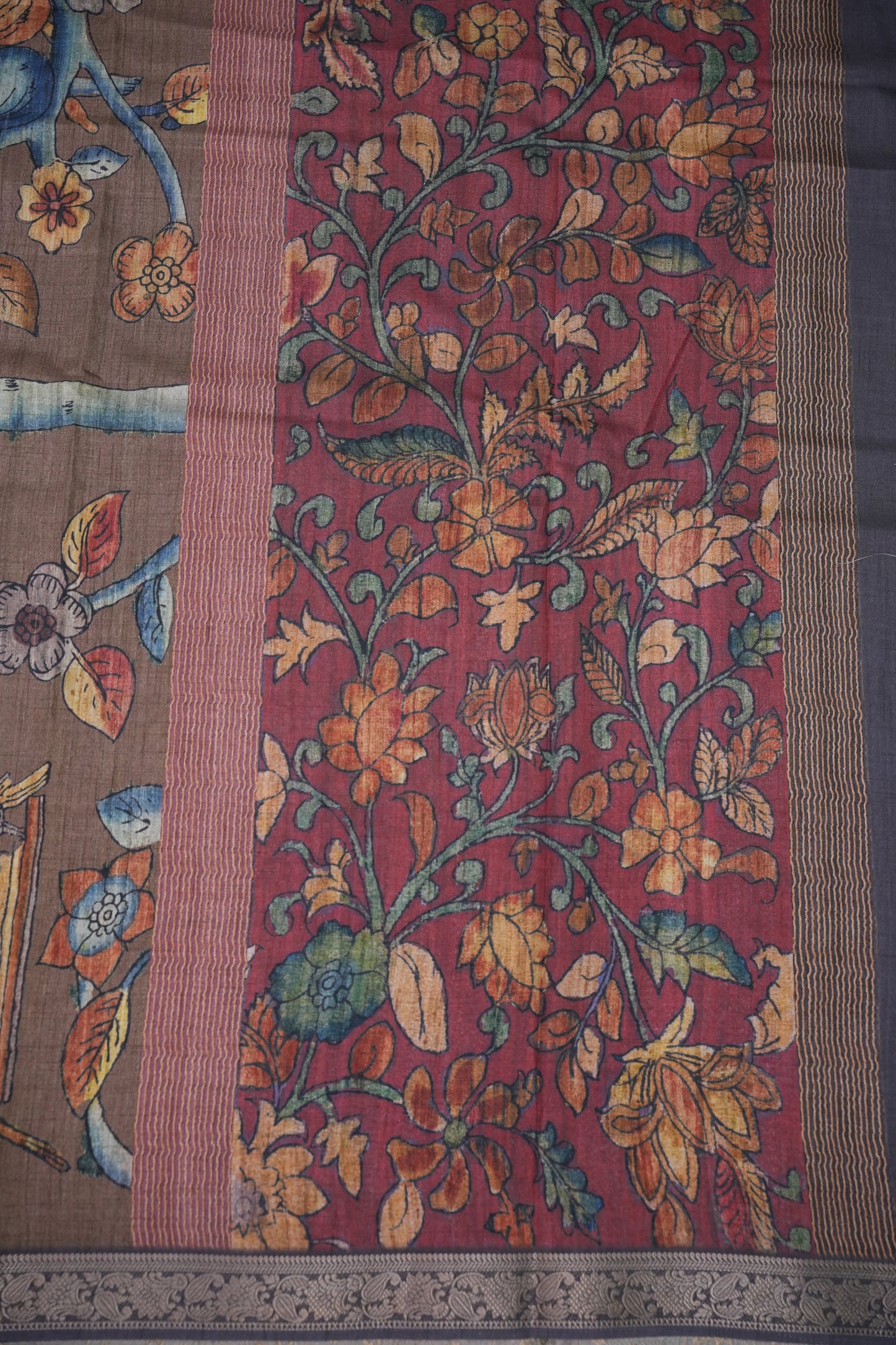 Linen Tussar Saree with Kalamkari Digital Print – Wine Floral Theme
