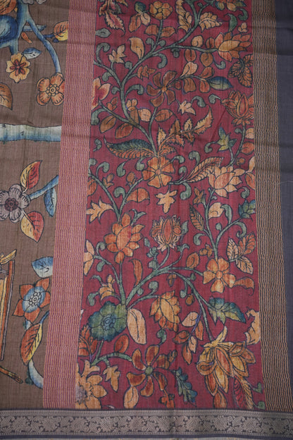 Linen Tussar Saree with Kalamkari Digital Print – Wine Floral Theme