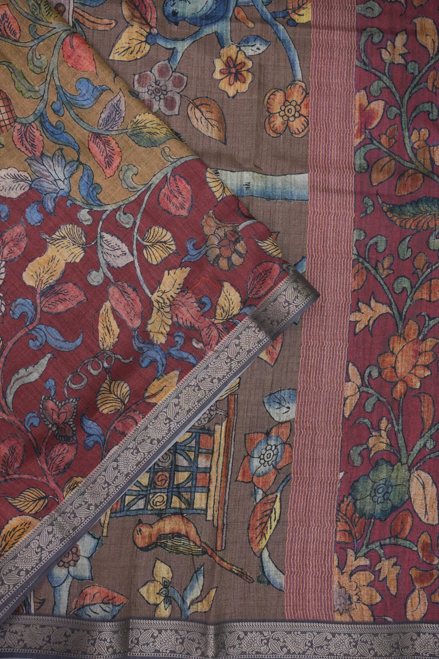 Linen Tussar Saree with Kalamkari Digital Print – Wine Floral Theme