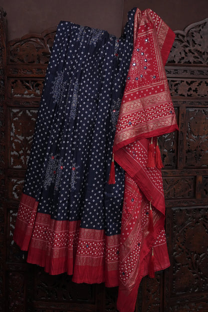 Bandhini Digital Print Semi Silk Saree-Blue and Red