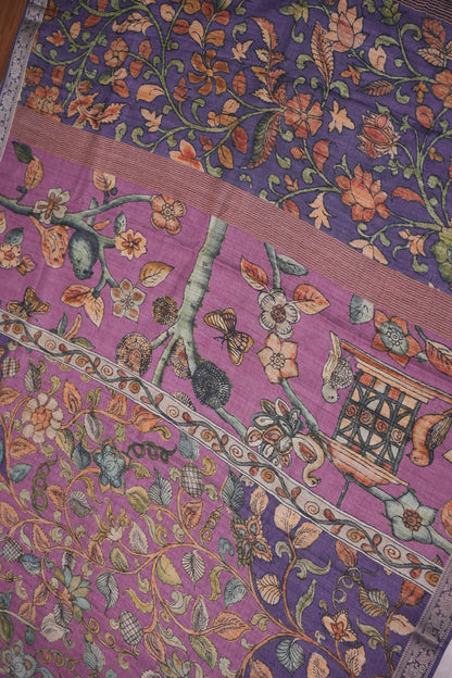 Linen Tussar Saree with Kalamkari Digital Print – Purple Floral Theme