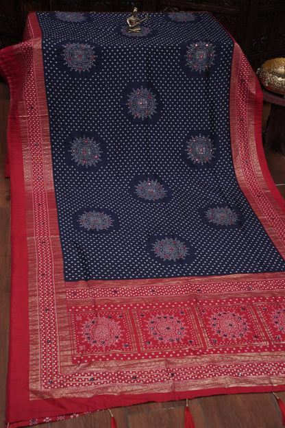 Bandhini Digital Print Semi Silk Saree-Blue and Red