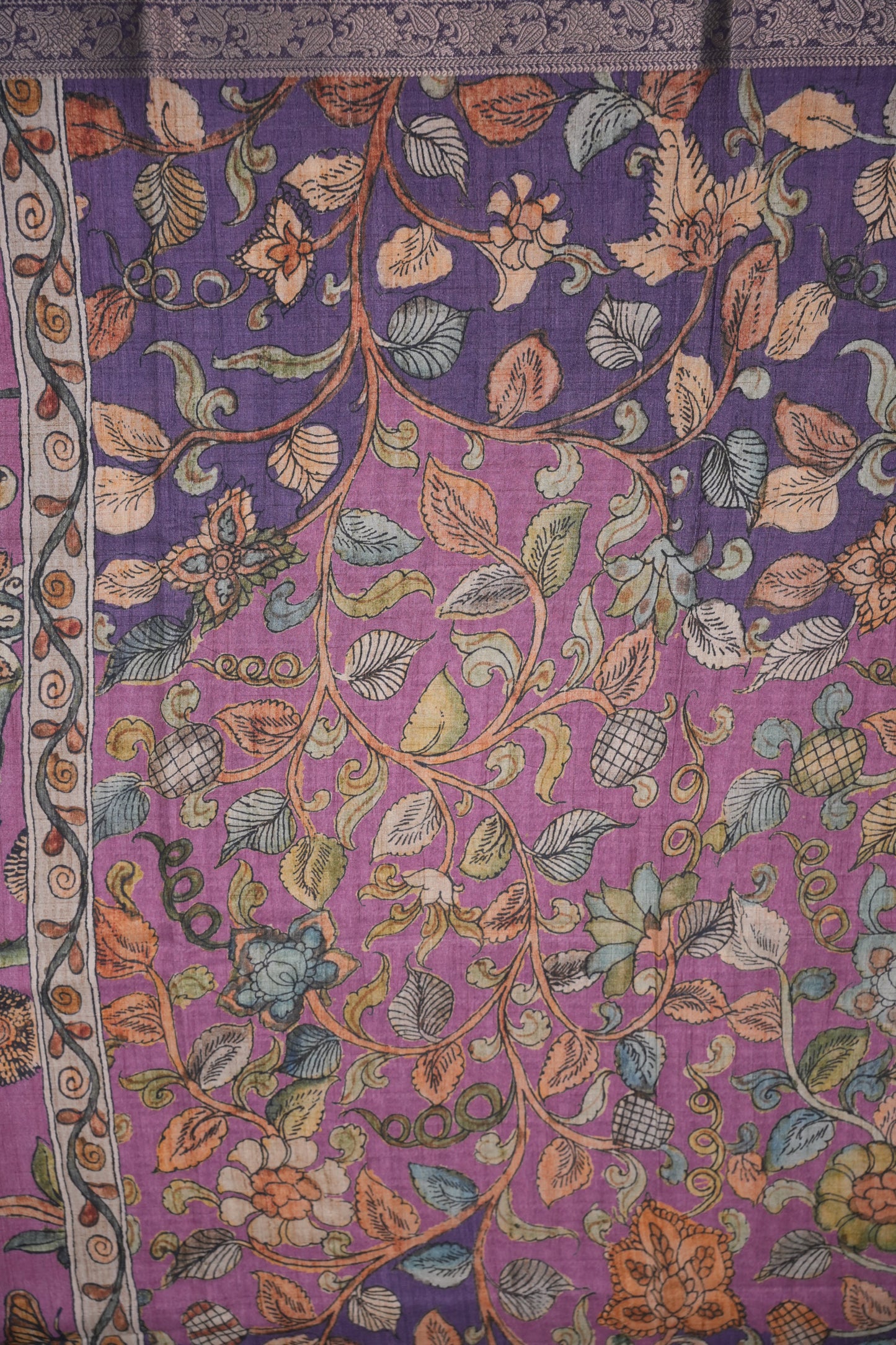 Linen Tussar Saree with Kalamkari Digital Print – Purple Floral Theme