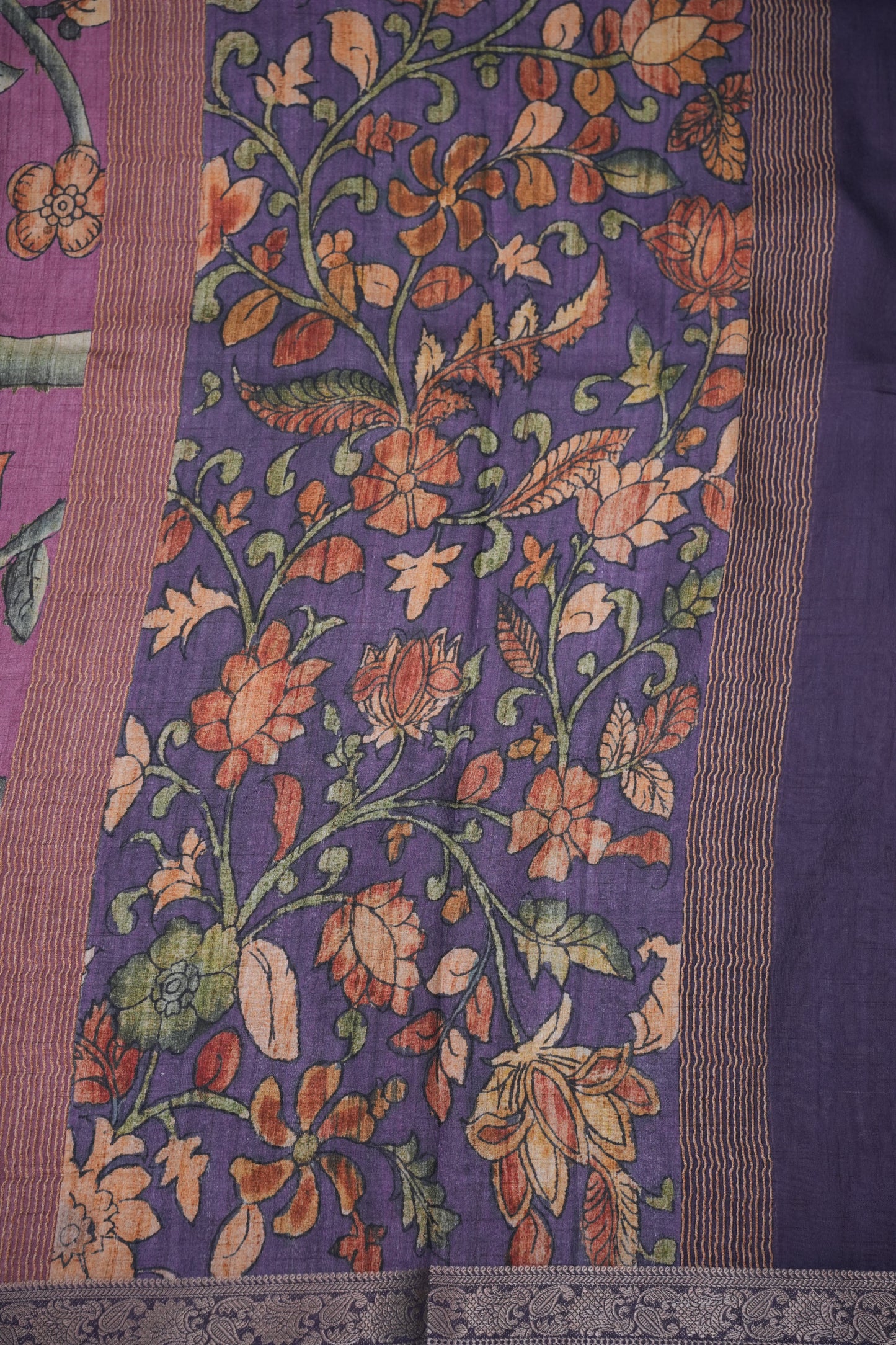 Linen Tussar Saree with Kalamkari Digital Print – Purple Floral Theme