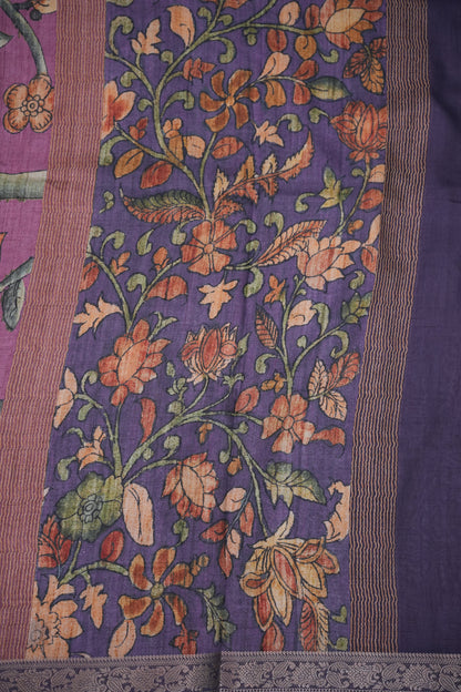 Linen Tussar Saree with Kalamkari Digital Print – Purple Floral Theme