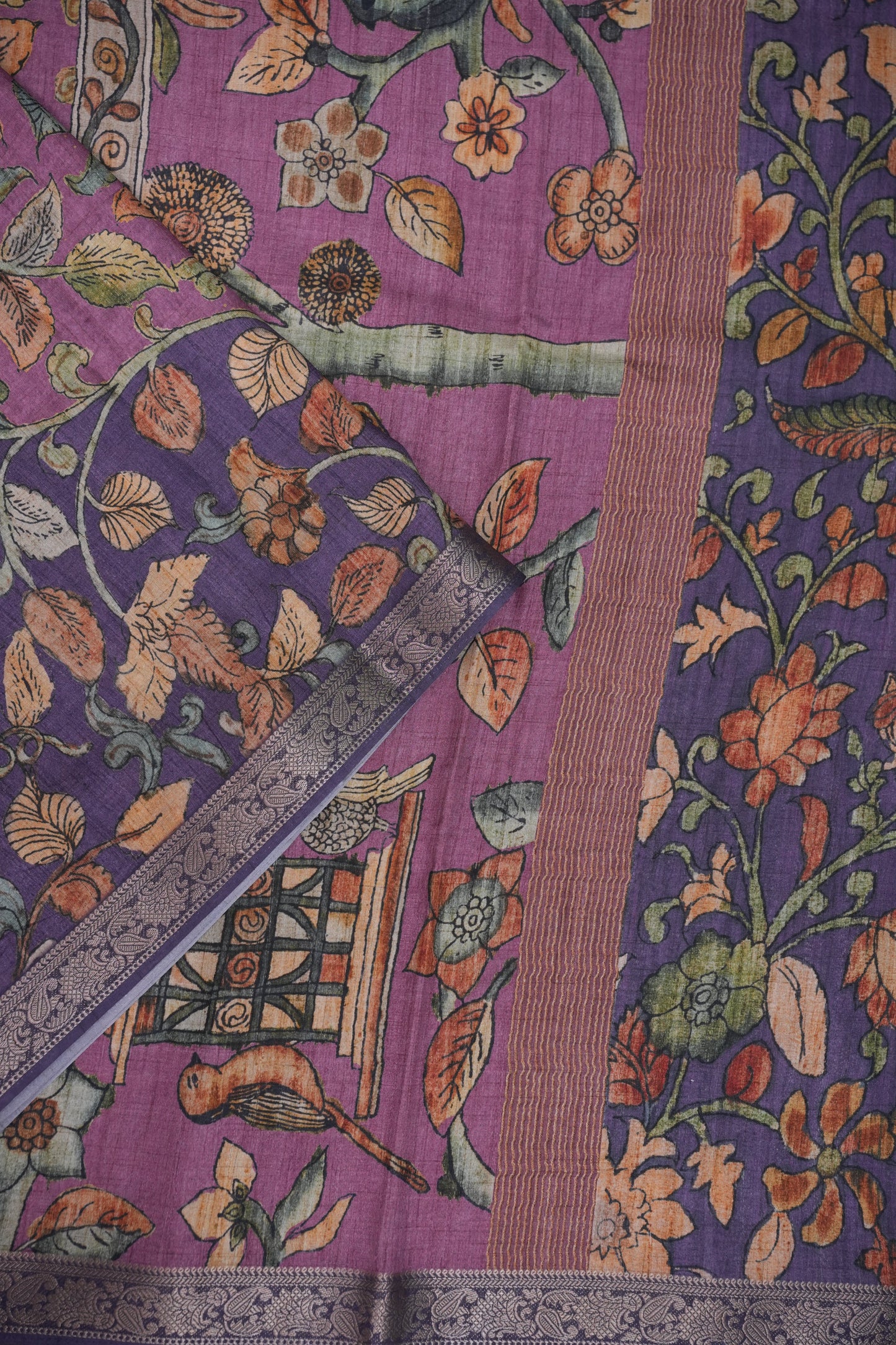 Linen Tussar Saree with Kalamkari Digital Print – Purple Floral Theme