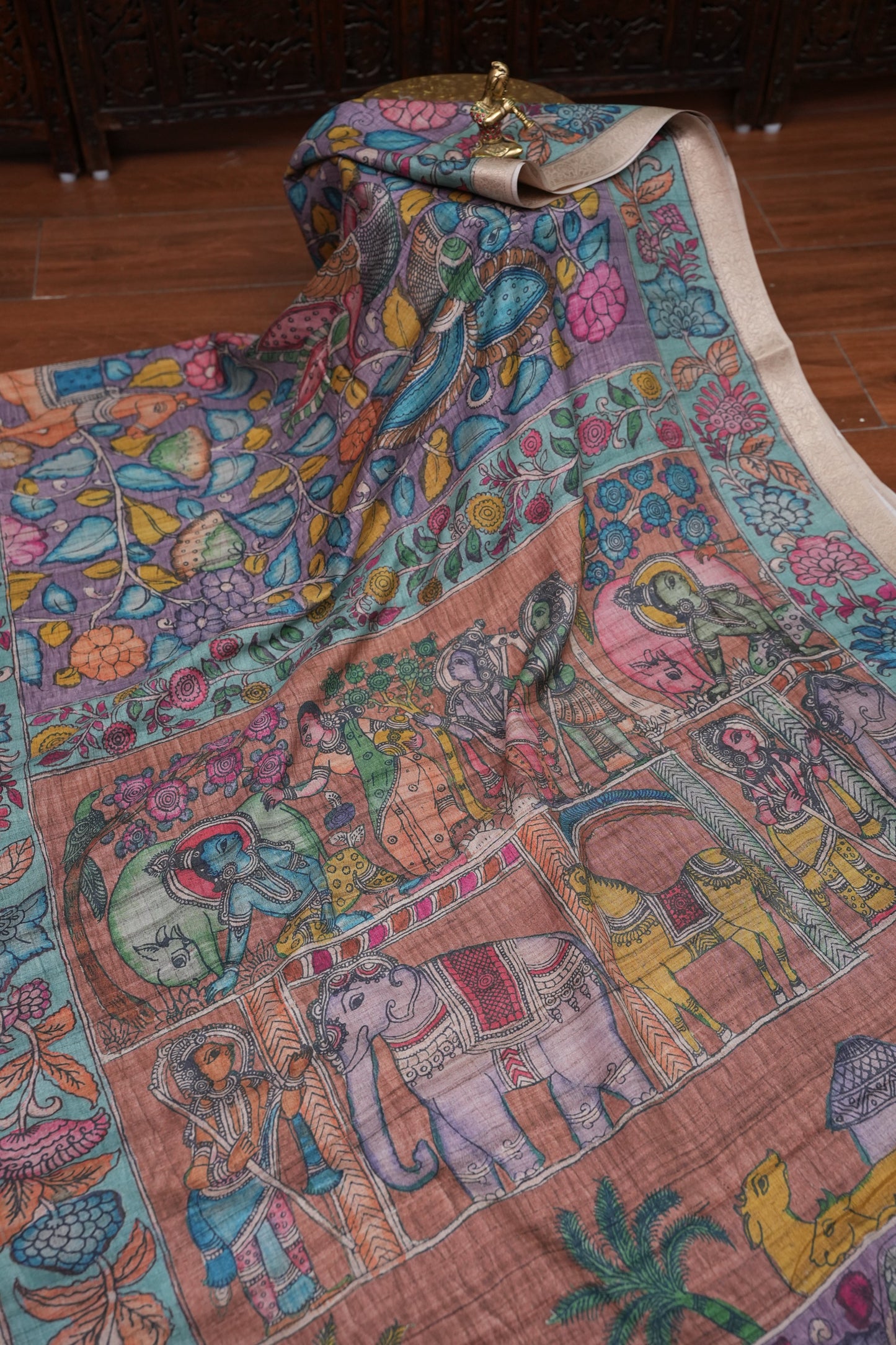 Linen Tussar Saree with Kalamkari Digital Print – Lavender Floral Theme