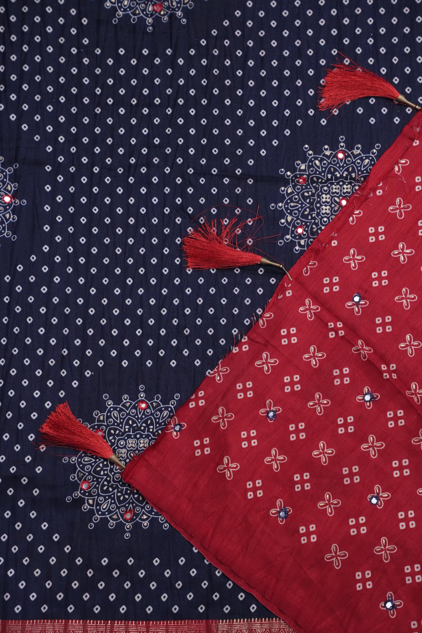 Bandhini Digital Print Semi Silk Saree-Blue and Red