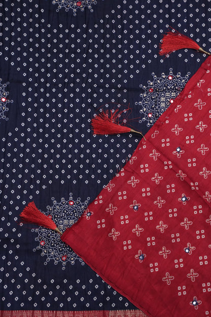 Bandhini Digital Print Semi Silk Saree-Blue and Red