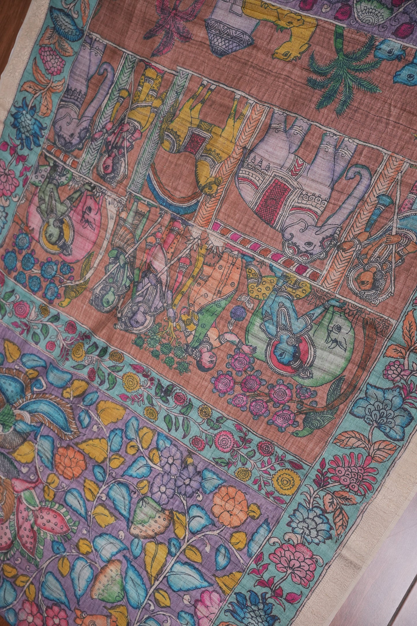 Linen Tussar Saree with Kalamkari Digital Print – Lavender Floral Theme