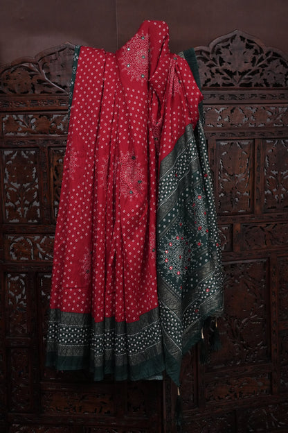 Bandhini Digital Print Semi Silk Saree-Red and Green