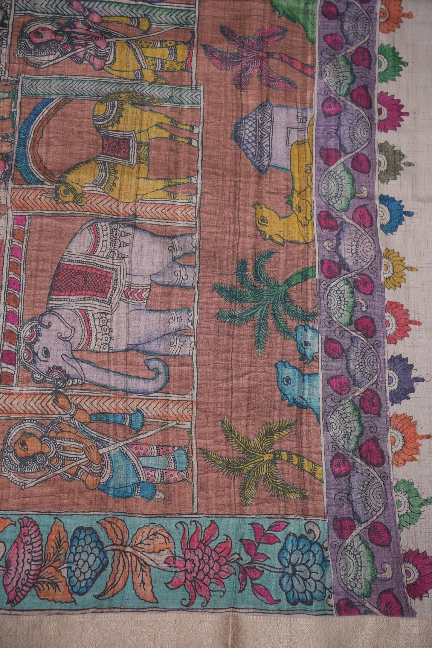 Linen Tussar Saree with Kalamkari Digital Print – Lavender Floral Theme