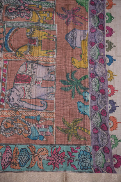 Linen Tussar Saree with Kalamkari Digital Print – Lavender Floral Theme