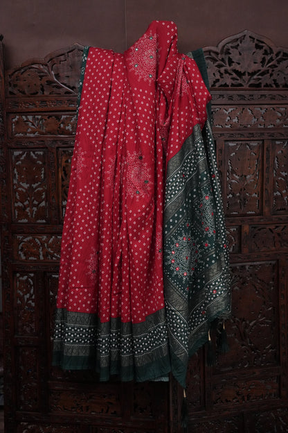 Bandhini Digital Print Semi Silk Saree-Pink and Green