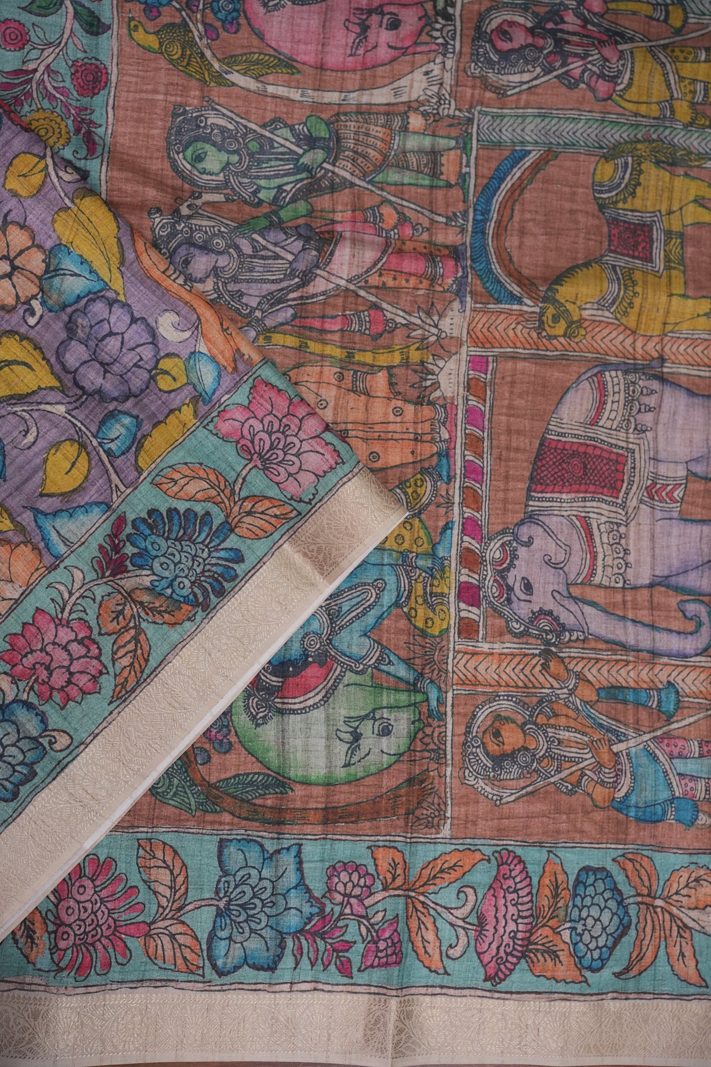Linen Tussar Saree with Kalamkari Digital Print – Lavender Floral Theme