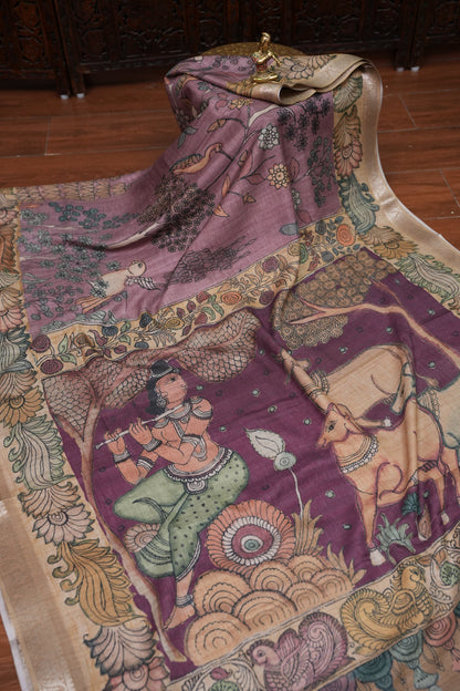 Linen Tussar Saree with Kalamkari Digital Print – Lavender Krishna Theme