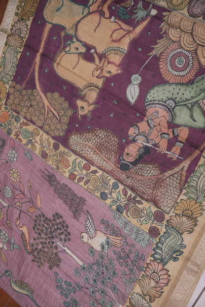 Linen Tussar Saree with Kalamkari Digital Print – Lavender Krishna Theme