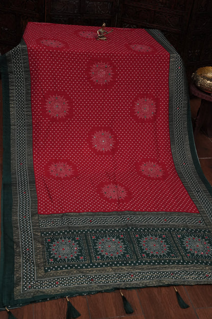 Bandhini Digital Print Semi Silk Saree-Pink and Green