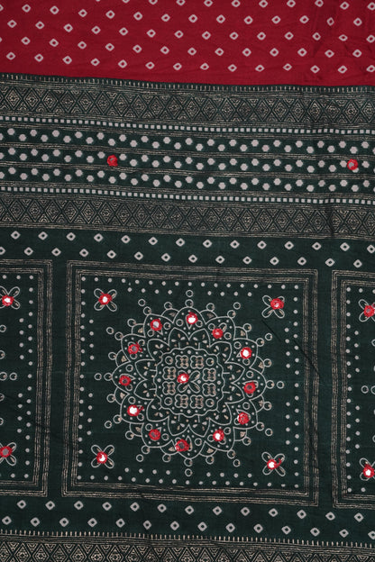 Bandhini Digital Print Semi Silk Saree-Red and Green