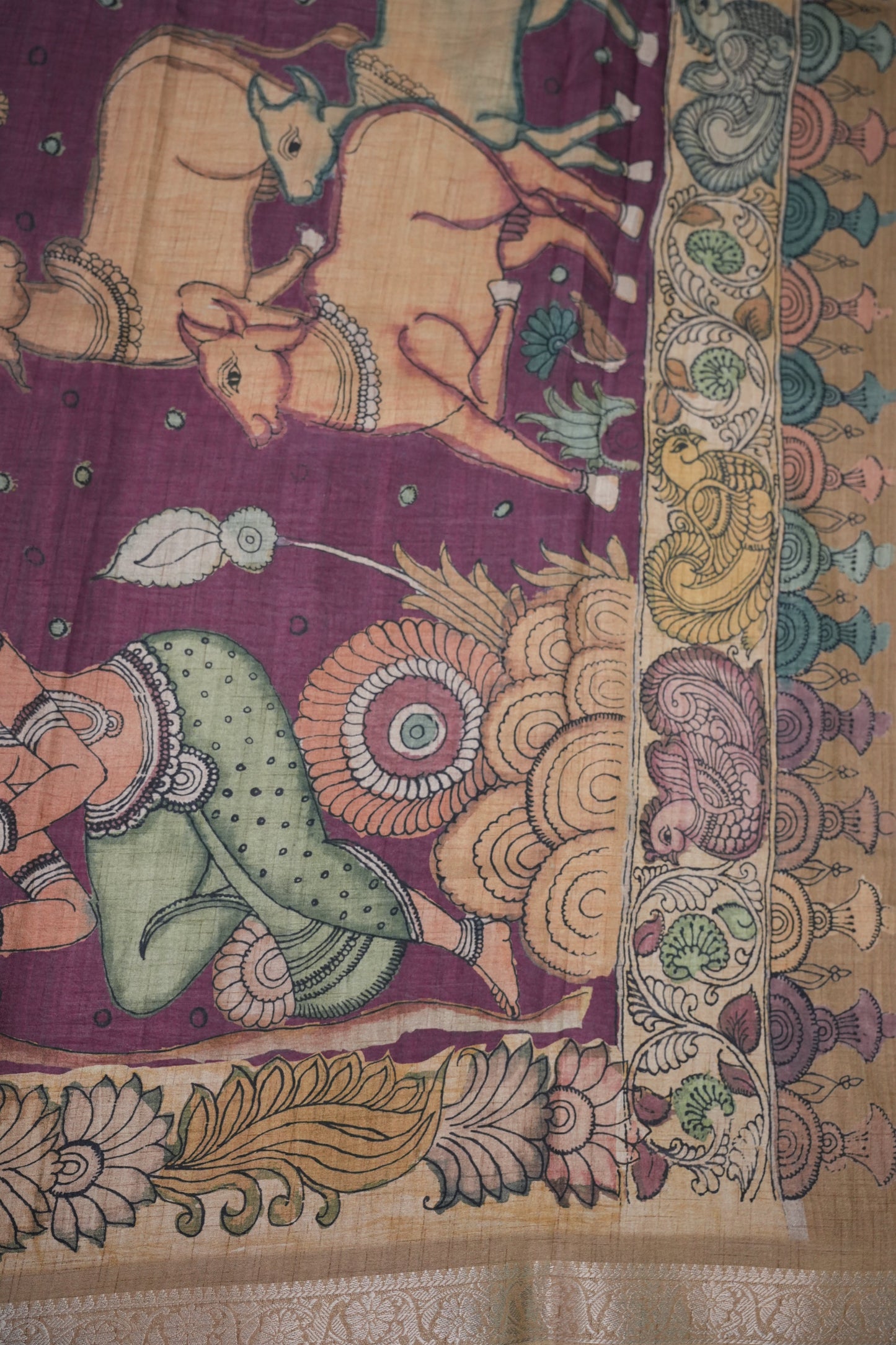 Linen Tussar Saree with Kalamkari Digital Print – Lavender Krishna Theme