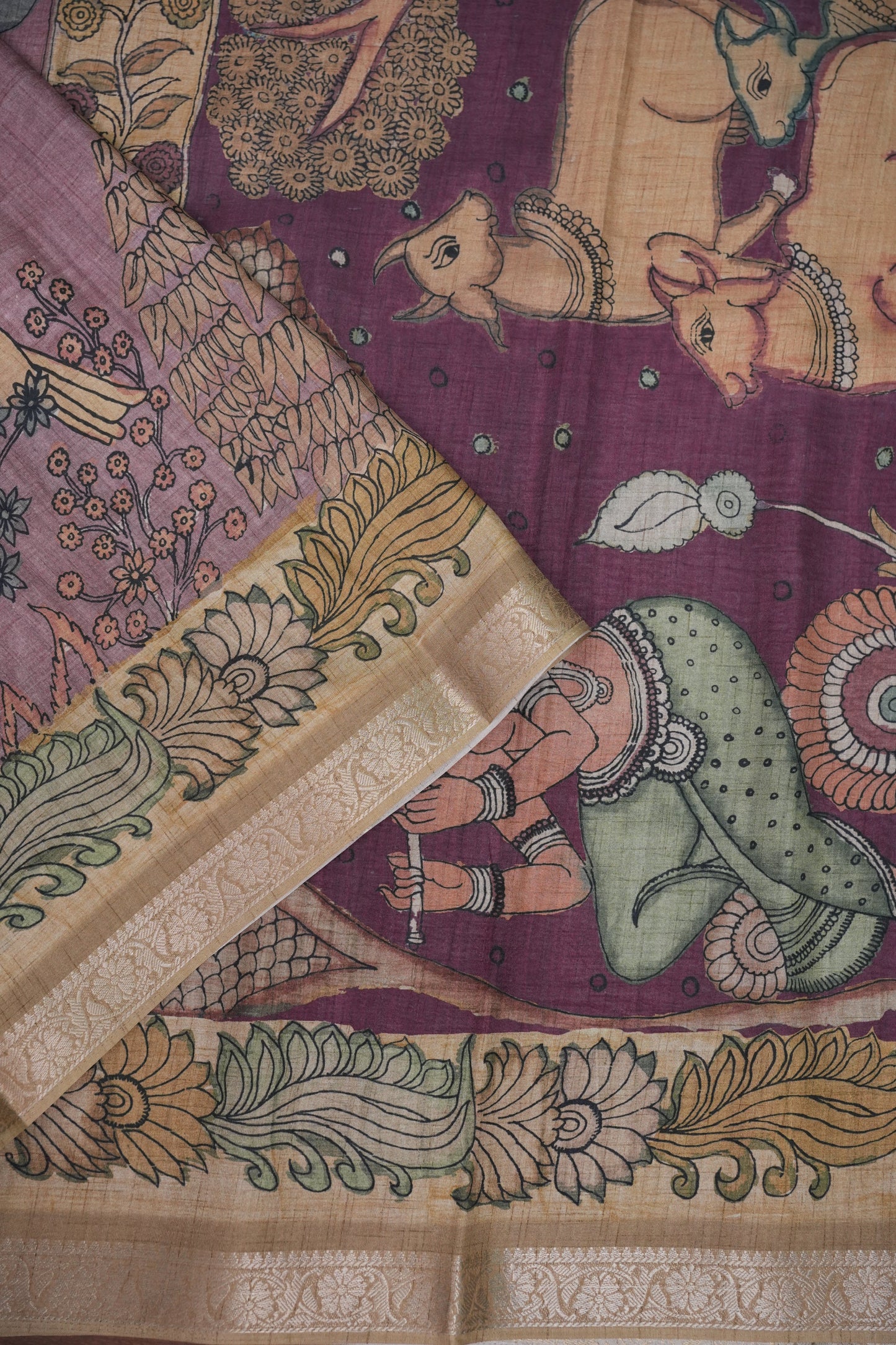 Linen Tussar Saree with Kalamkari Digital Print – Lavender Krishna Theme