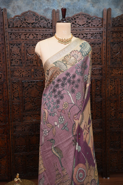 Linen Tussar Saree with Kalamkari Digital Print – Lavender Krishna Theme