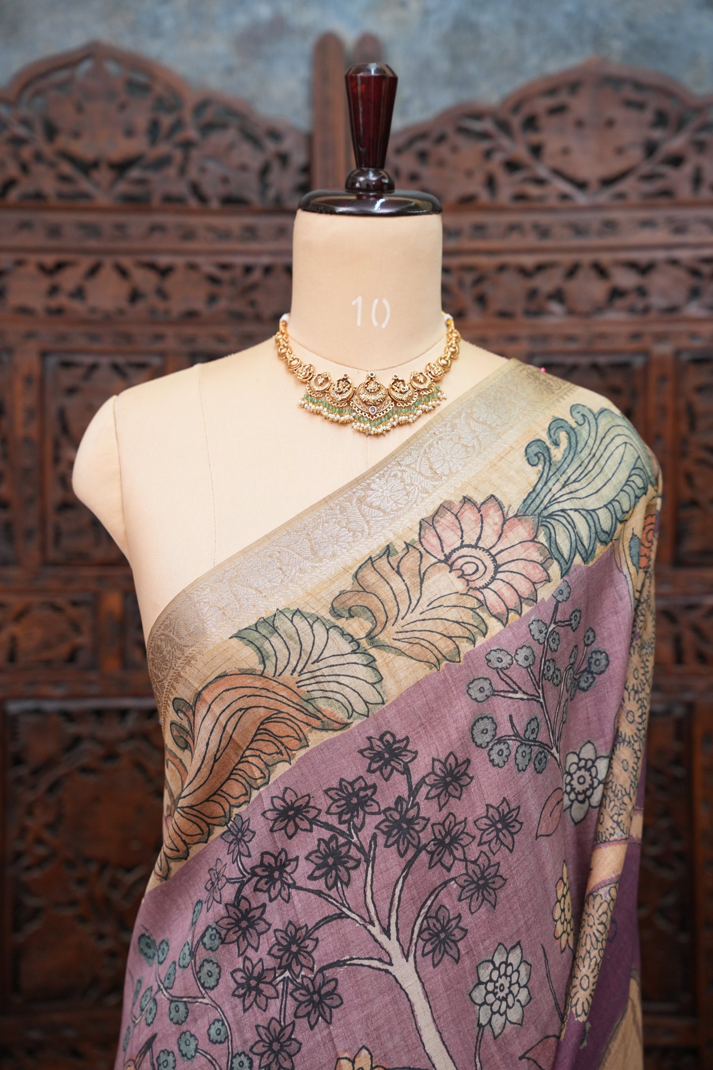 Linen Tussar Saree with Kalamkari Digital Print – Lavender Krishna Theme