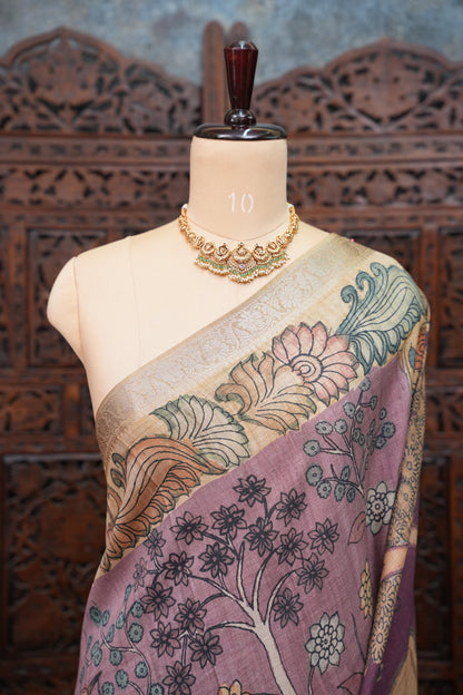 Linen Tussar Saree with Kalamkari Digital Print – Lavender Krishna Theme