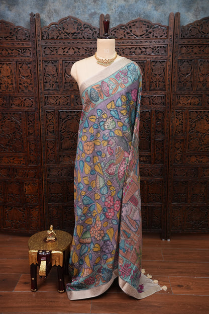 Linen Tussar Saree with Kalamkari Digital Print – Lavender Floral Theme