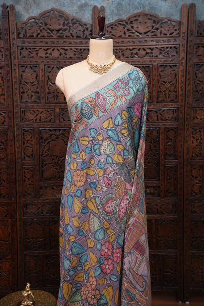 Linen Tussar Saree with Kalamkari Digital Print – Lavender Floral Theme