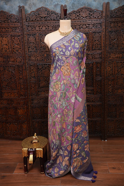 Linen Tussar Saree with Kalamkari Digital Print – Purple Floral Theme