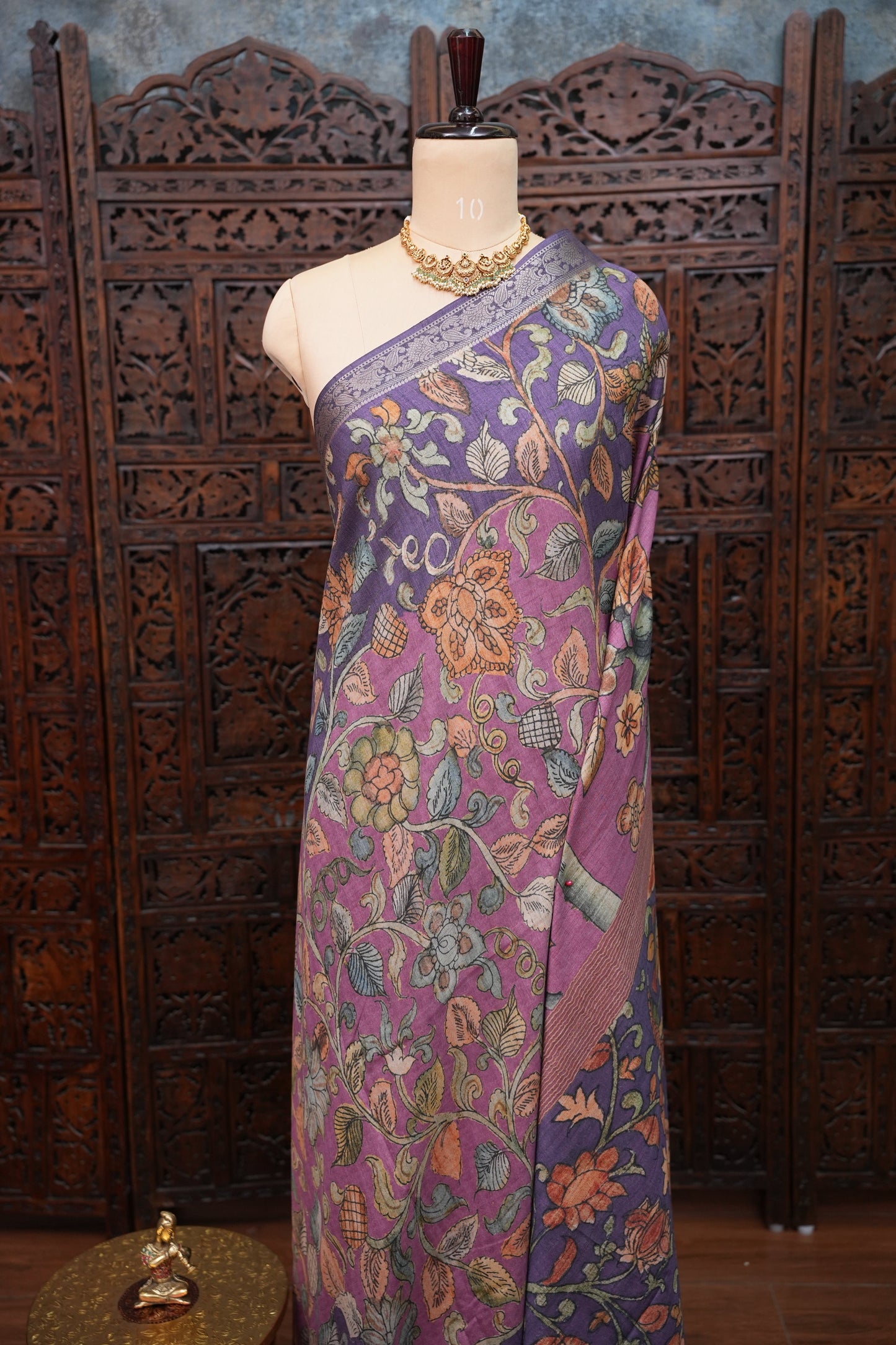 Linen Tussar Saree with Kalamkari Digital Print – Purple Floral Theme