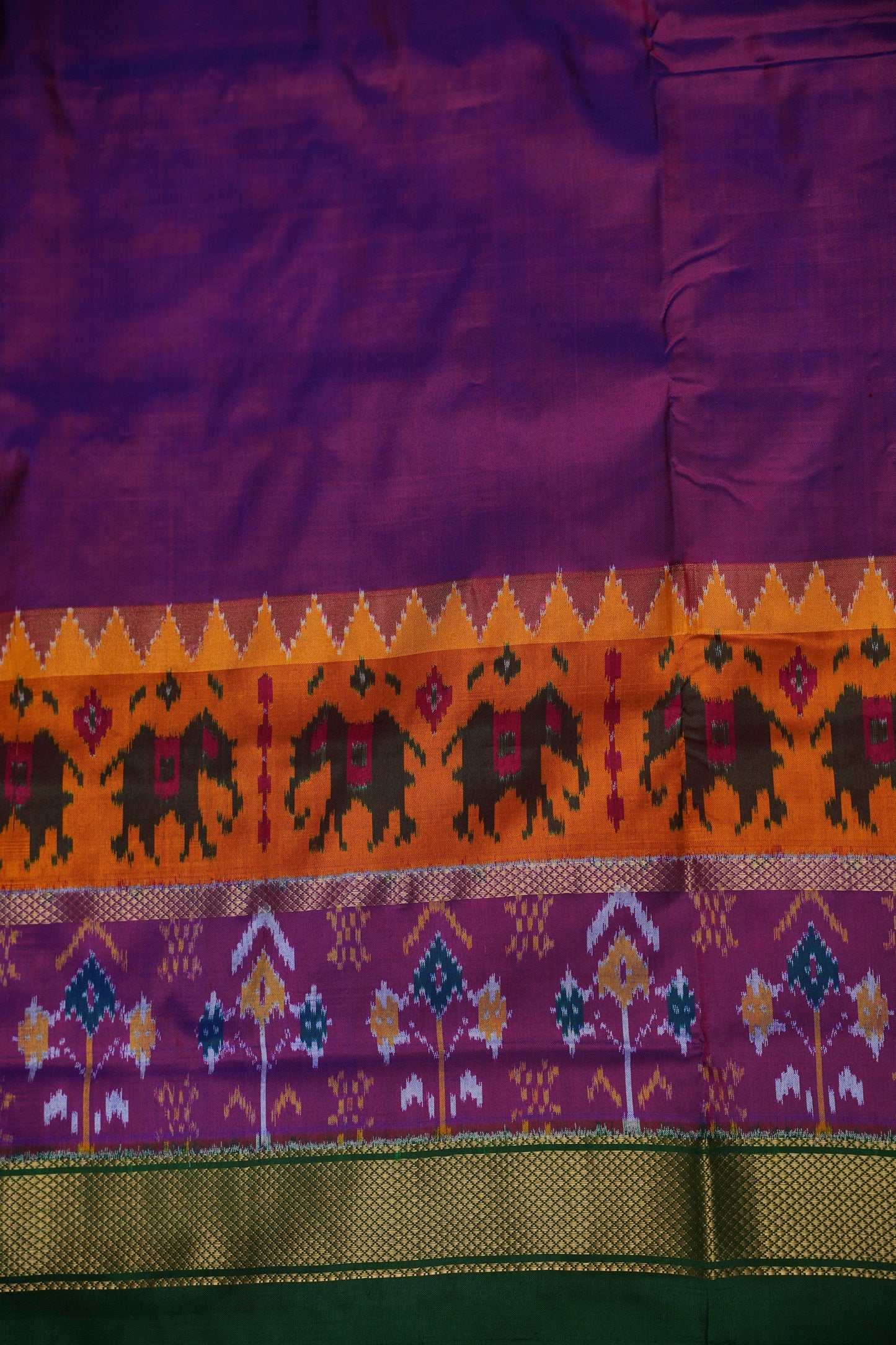 Pure Ikkat Soft Silk Saree - Bottle Green & Deep Purple